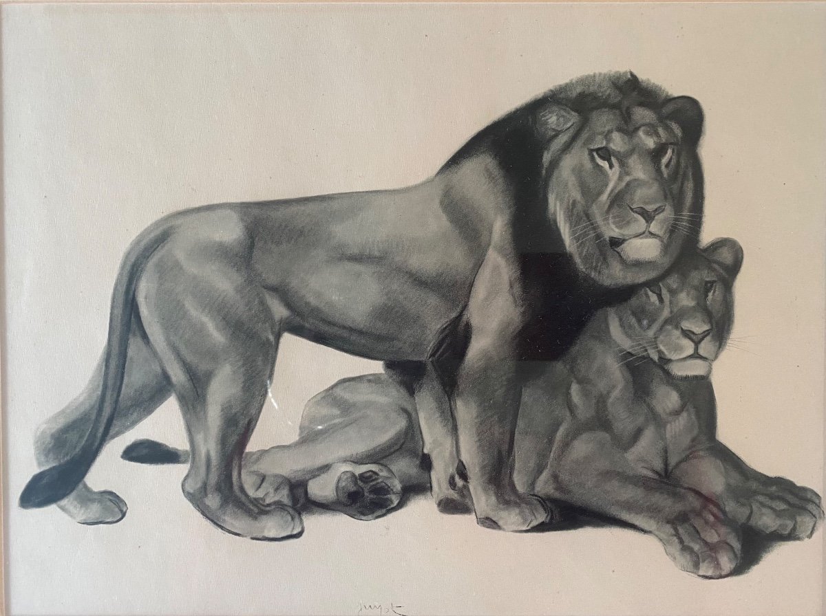 “ Lion And Lioness”. Art Deco Lithograph. Georges-lucien Guyot. 1937.-photo-2
