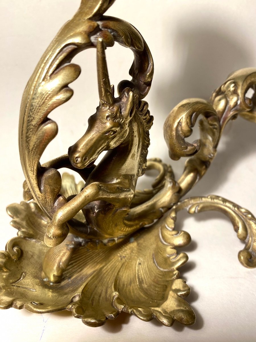 Pair Of 19th Century Bronze Candlesticks. Sea Unicorns And Waves.-photo-3