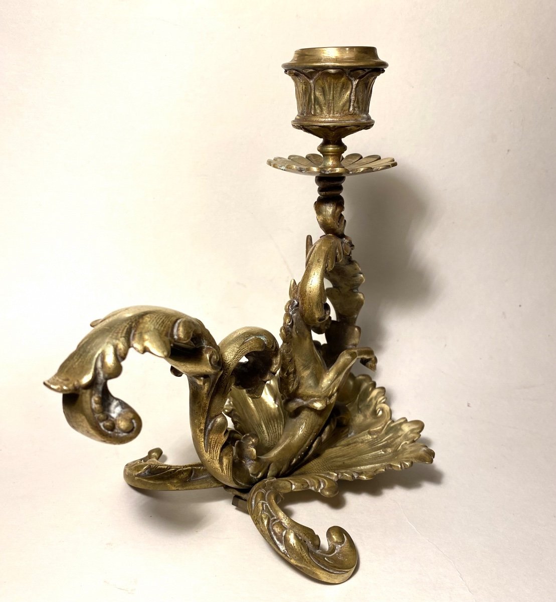 Pair Of 19th Century Bronze Candlesticks. Sea Unicorns And Waves.-photo-2