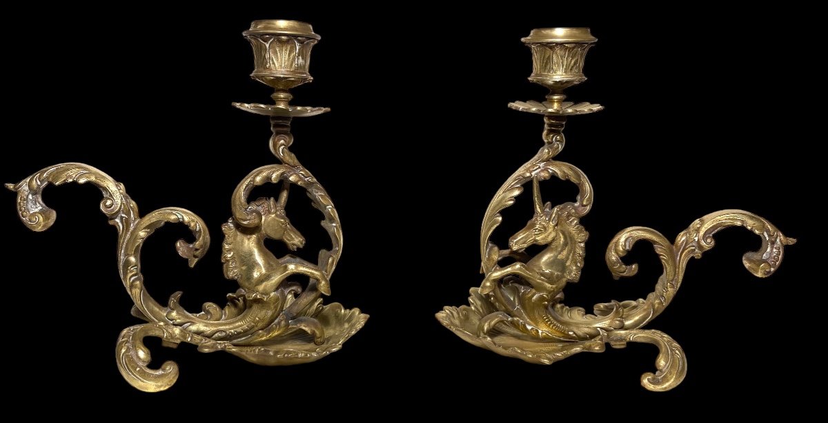 Pair Of 19th Century Bronze Candlesticks. Sea Unicorns And Waves.-photo-5