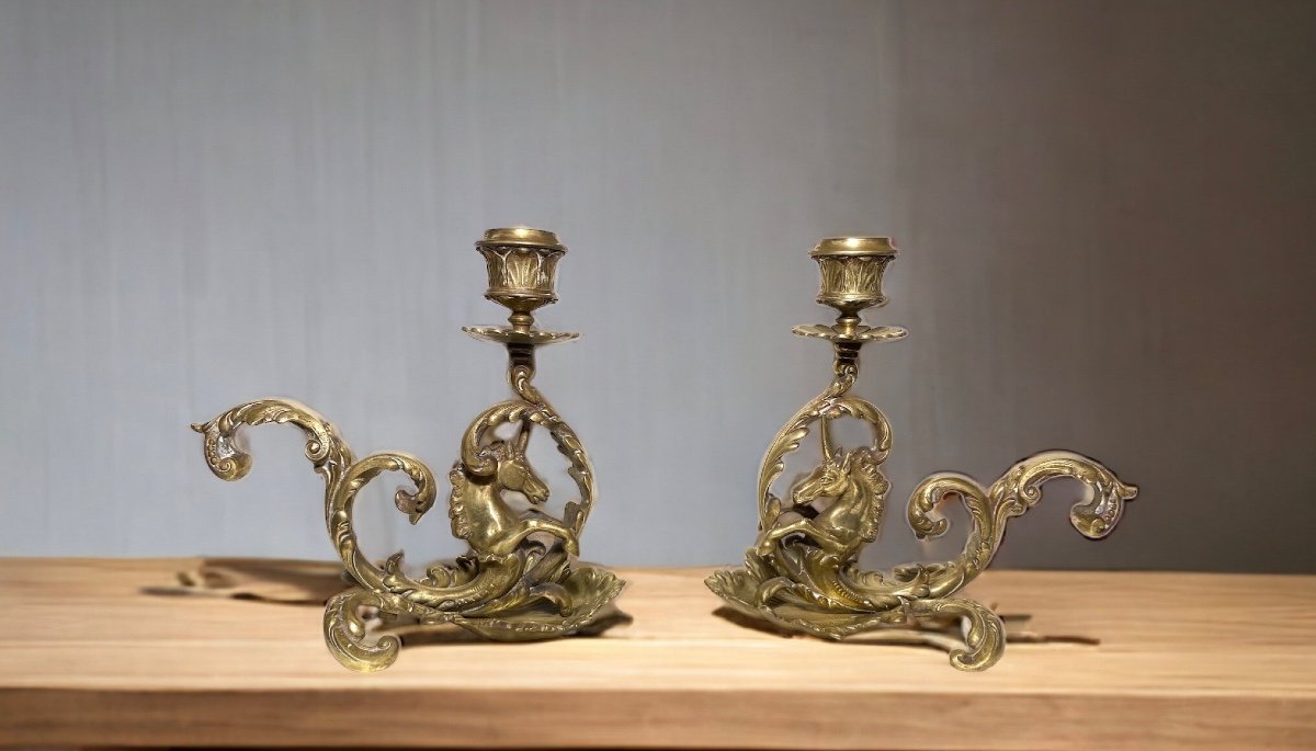 Pair Of 19th Century Bronze Candlesticks. Sea Unicorns And Waves.