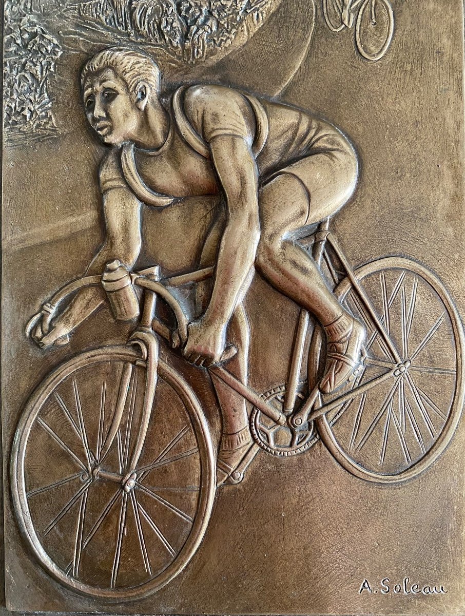 A. Soleau. “ La Course Cycliste”. Bas-relief En Bronze Art Déco. Vélos. Début XXème. -photo-3