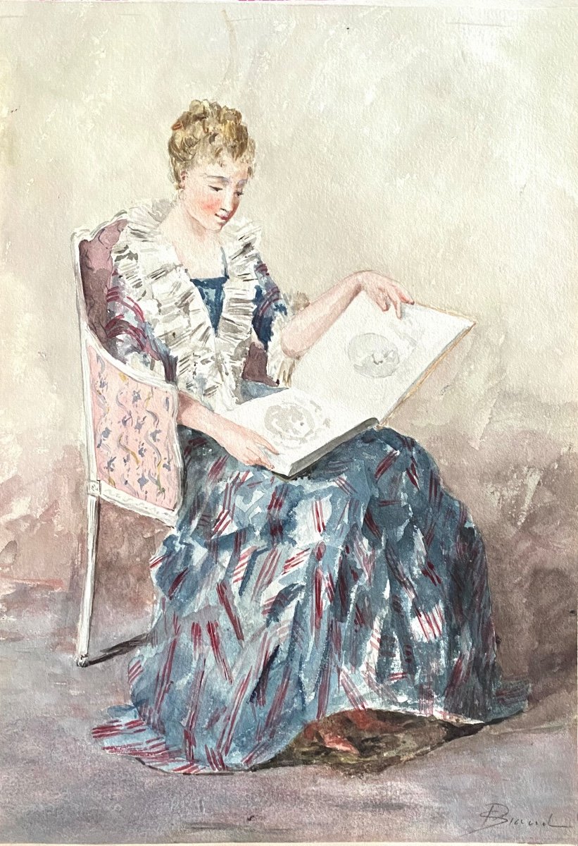 " Young Woman Reading ". 19th Century Watercolor.