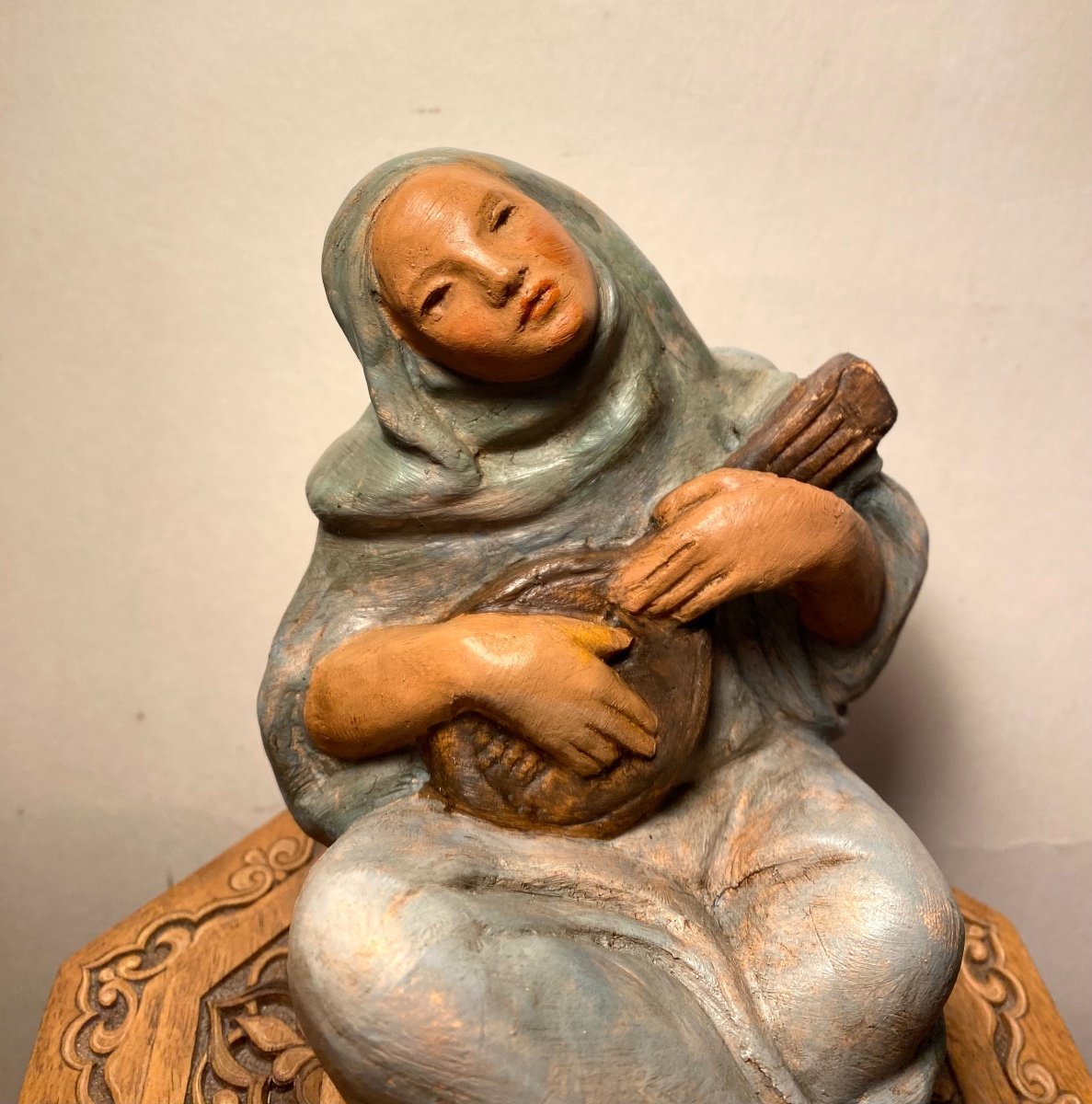 “the Musician”. Polychrome Terracotta Early 20th Century.-photo-3