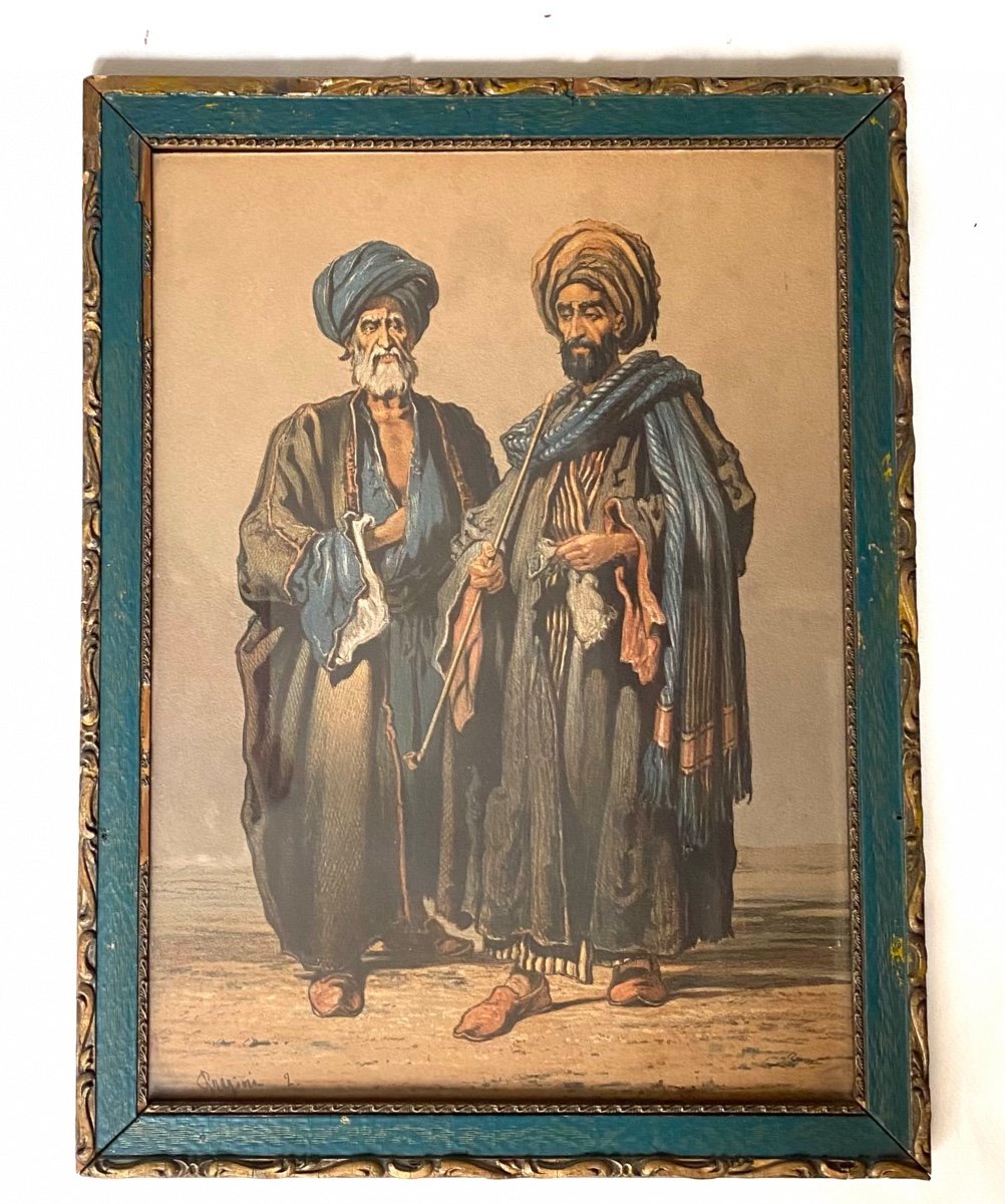 Amedeo Preziosi. “ Portrait Of Two Oriental Characters” 19th Century Color Lithograph.