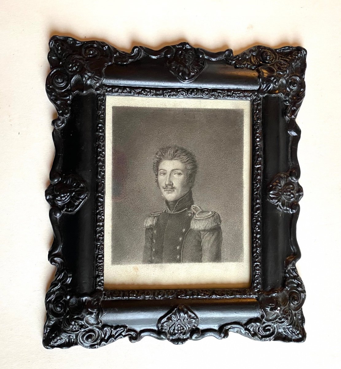 Portrait Of A Young Officer. Framed Charcoal Drawing. 19th Century French School.