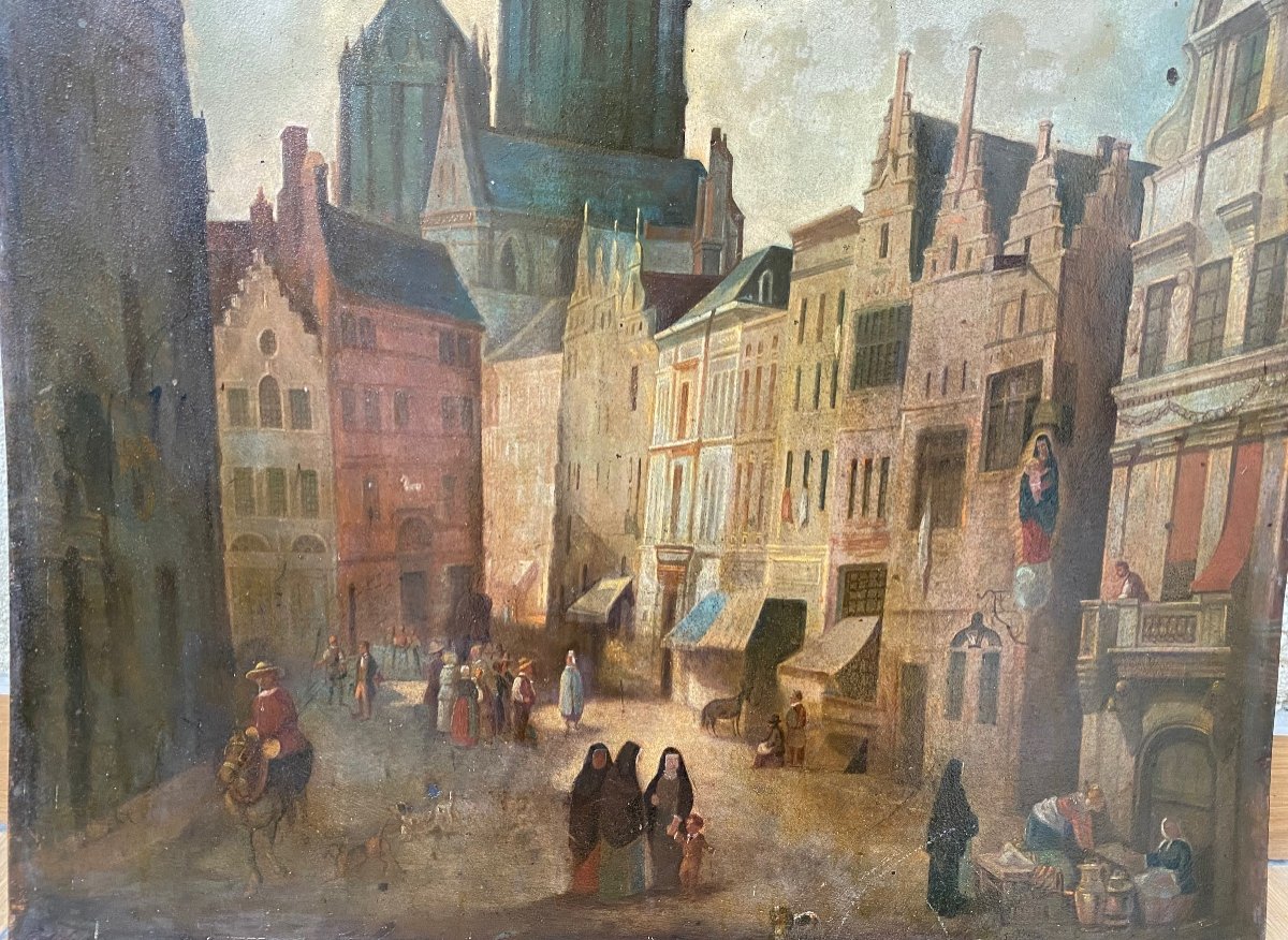 “. Animated Scene.  Market And Antwerp Cathedral ”. Large Oil On Metal. Early 19th Century.-photo-3