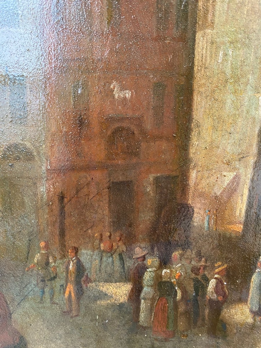 “. Animated Scene.  Market And Antwerp Cathedral ”. Large Oil On Metal. Early 19th Century.-photo-5