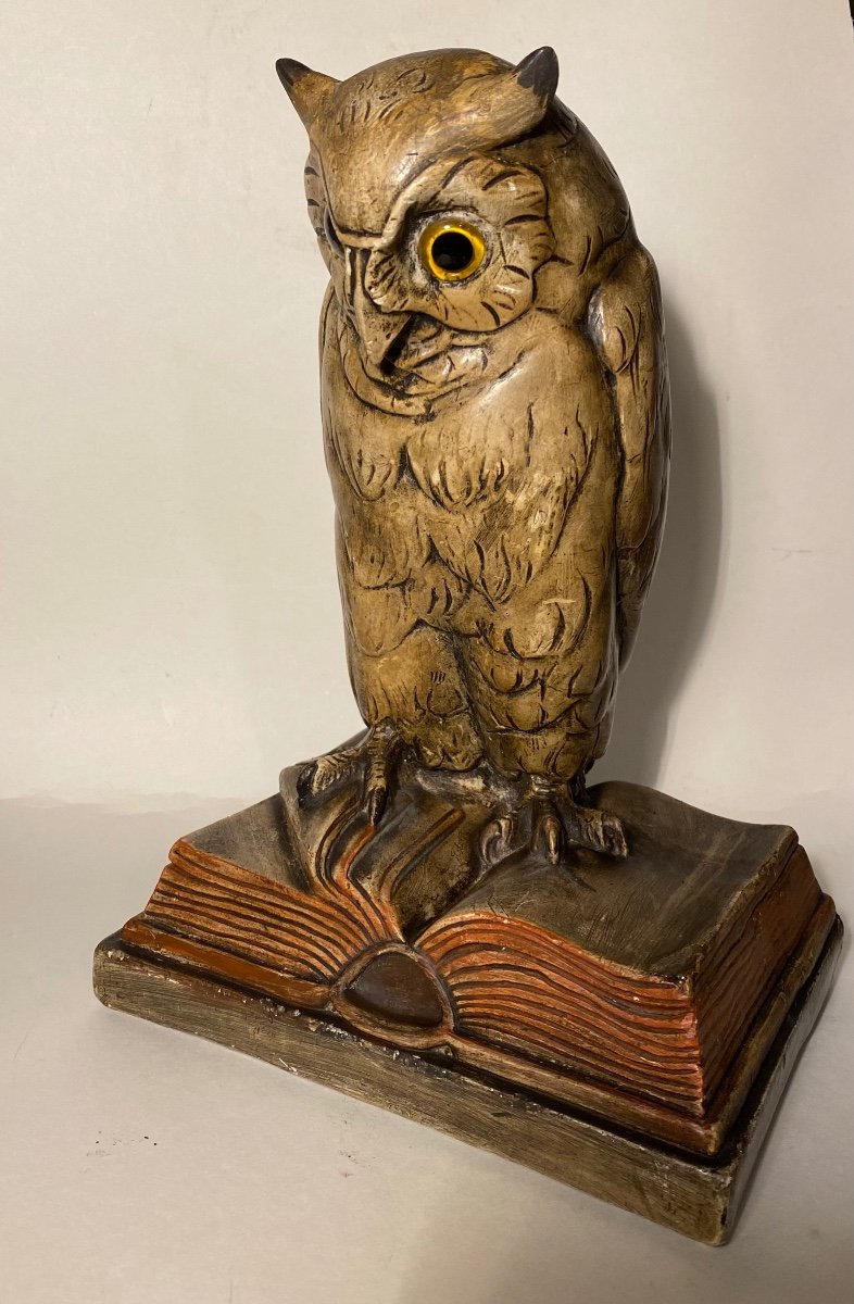 Owl Resting On A Book. Patinated Plaster. Mid 20th Century. Glass Eyes.-photo-2