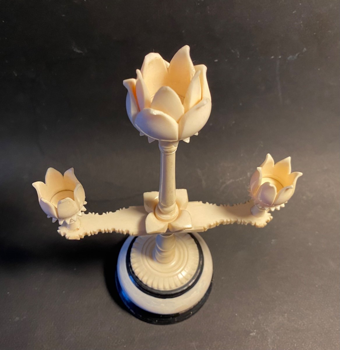 Candlestick With Three Lights In Carved Bone On A Wooden Base. Mid 20th Century. Lotus Decor.-photo-2