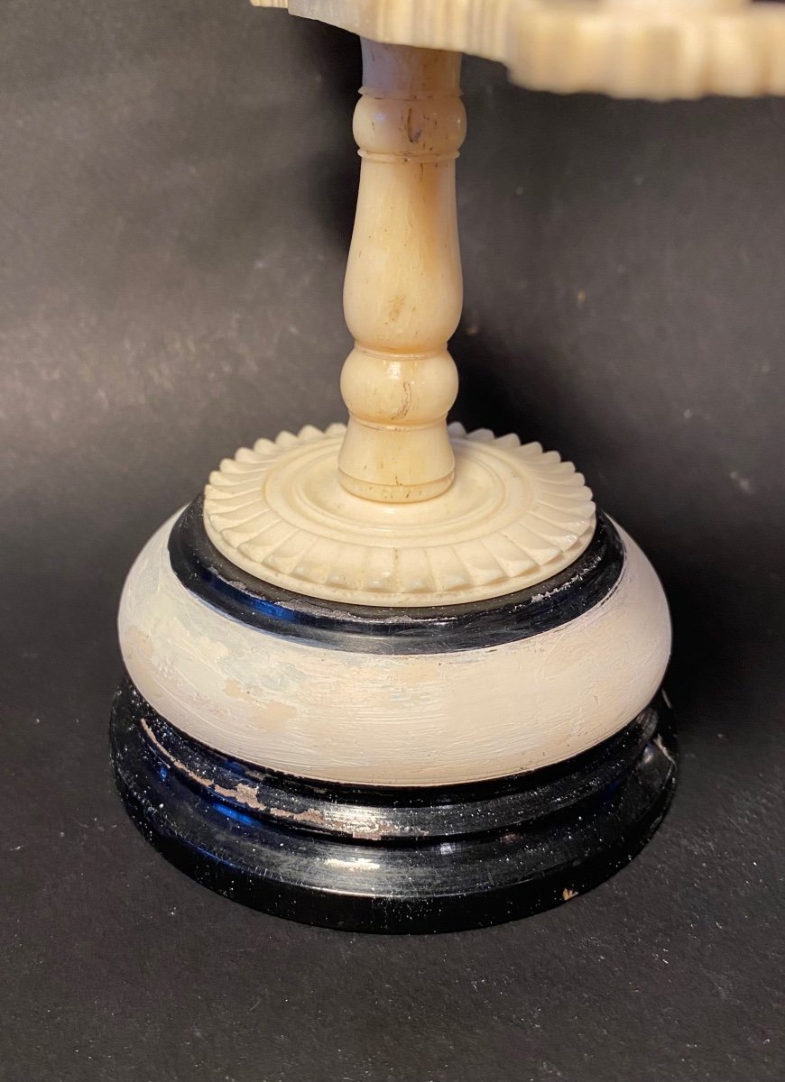 Candlestick With Three Lights In Carved Bone On A Wooden Base. Mid 20th Century. Lotus Decor.-photo-2