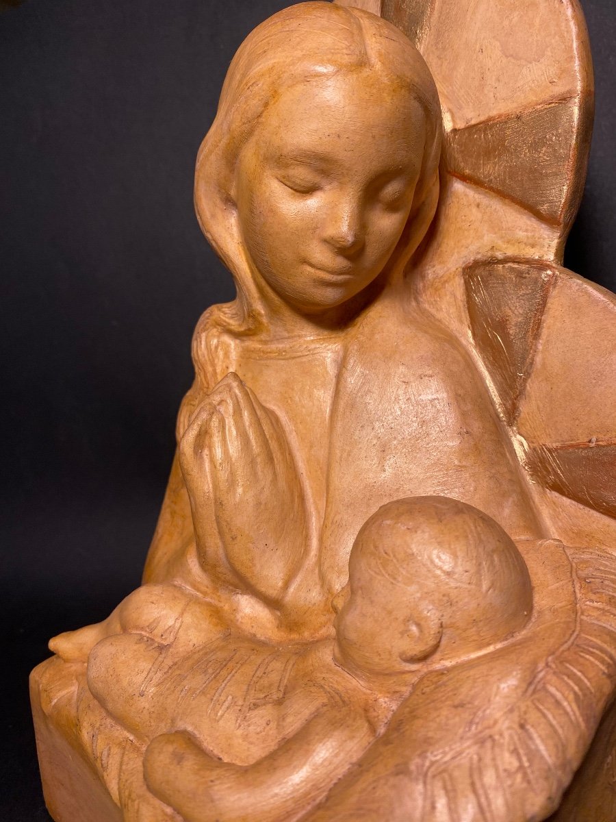 Magdeleine Mocquot.  Madonna And Child”. Original Terracotta Sculpture Mid-20th Century.-photo-2