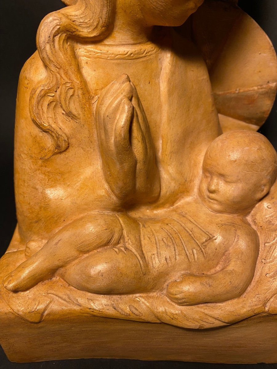 Magdeleine Mocquot.  Madonna And Child”. Original Terracotta Sculpture Mid-20th Century.-photo-3