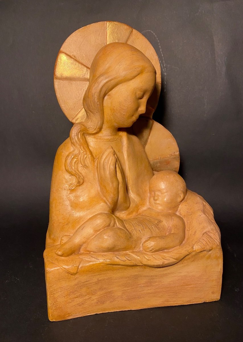 Magdeleine Mocquot.  Madonna And Child”. Original Terracotta Sculpture Mid-20th Century.-photo-1