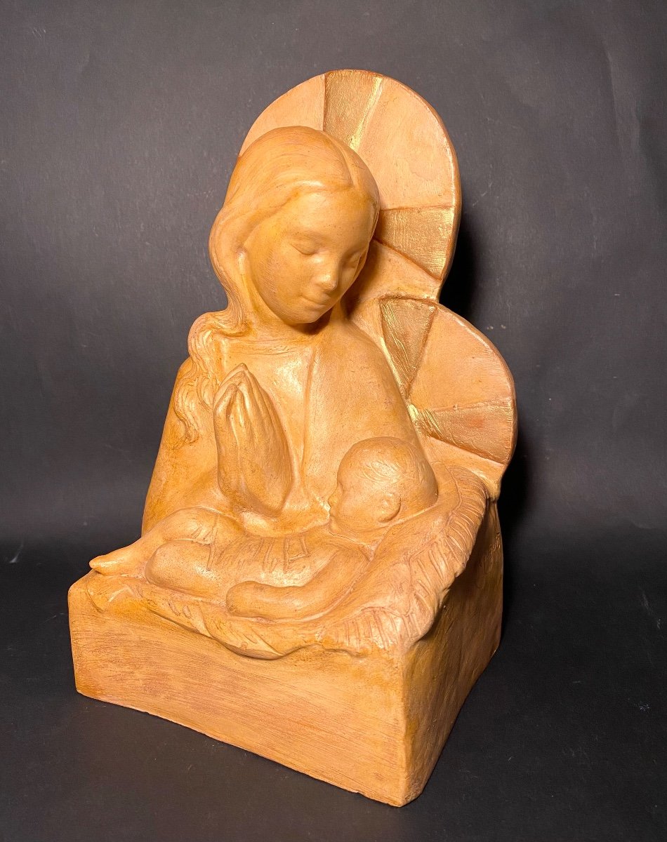 Magdeleine Mocquot.  Madonna And Child”. Original Terracotta Sculpture Mid-20th Century.