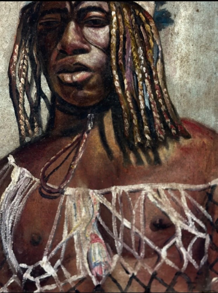 «Portrait D’un Guerrier Africain ». Huile Sur Toile Milieu XXème.  M. Charles. -photo-3