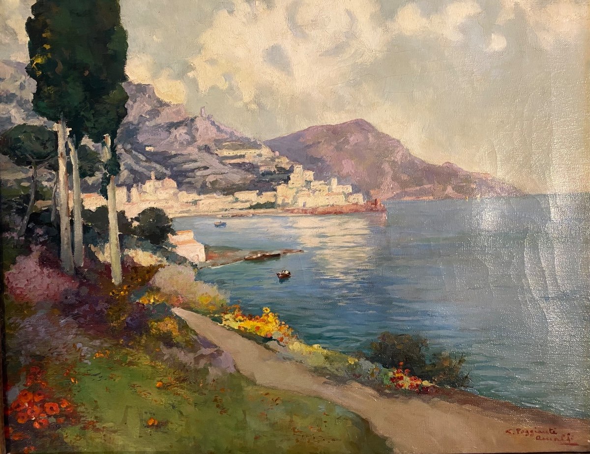 Luigi Poggianti. “. Amalfi”. Southern Italy Landscape. Oil On Framed Canvas. Early 20th .-photo-2