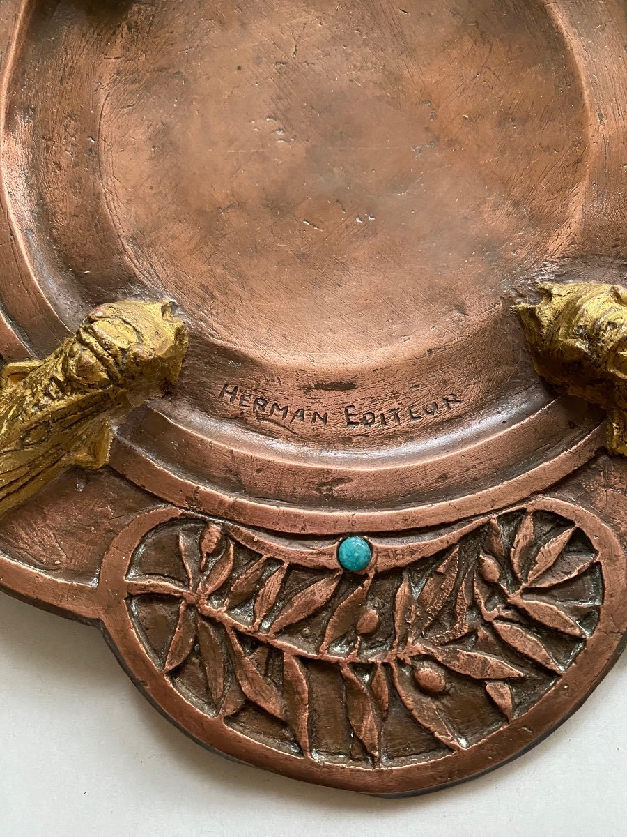 Eugène Léon l'Hoest. Art Nouveau Copper Dish. Decor Cicadas, Olive Stems And Turquoises.-photo-2