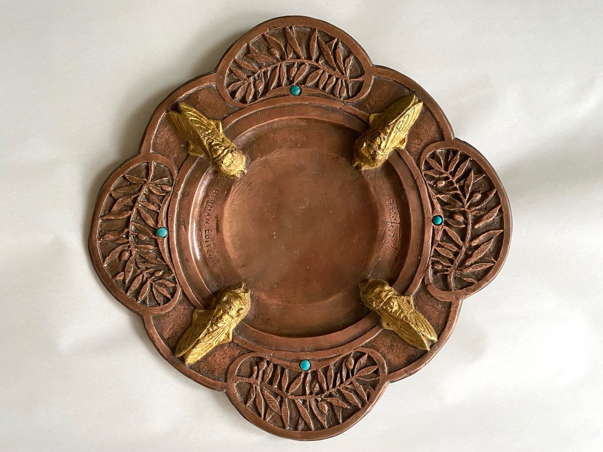 Eugène Léon l'Hoest. Art Nouveau Copper Dish. Decor Cicadas, Olive Stems And Turquoises.