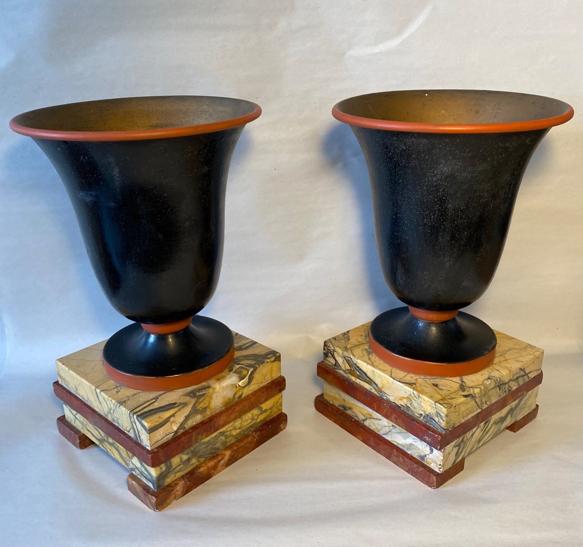 Pair Of Art Deco Cups. Black Metal Vases And Marble Bases. -photo-2