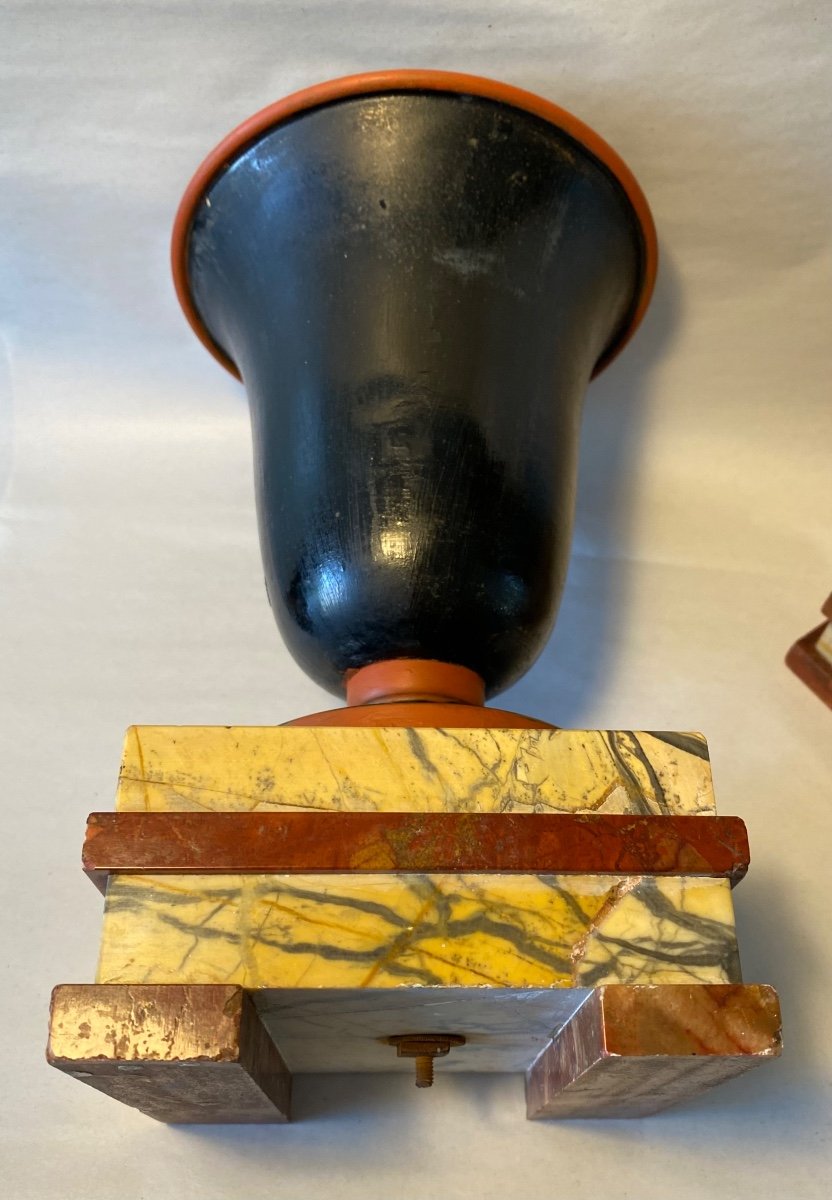 Pair Of Art Deco Cups. Black Metal Vases And Marble Bases. -photo-4