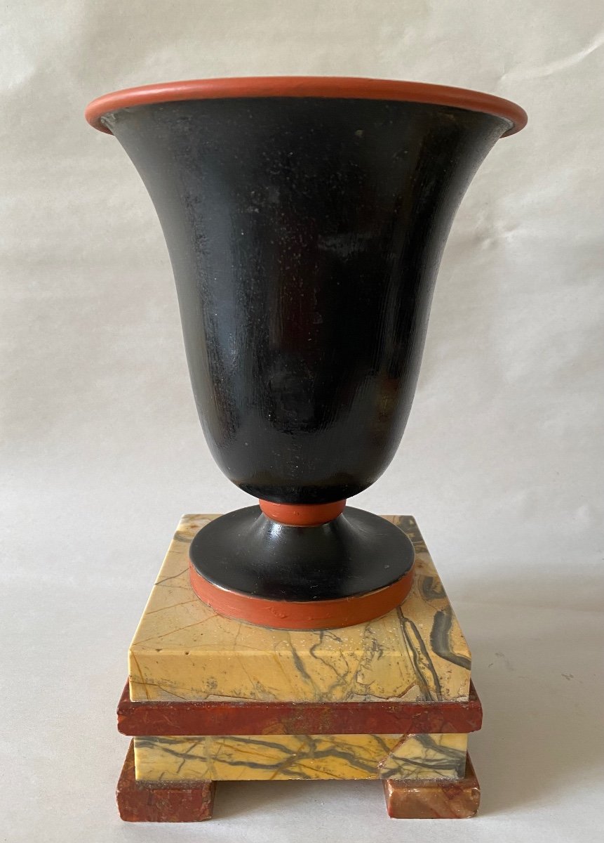 Pair Of Art Deco Cups. Black Metal Vases And Marble Bases. -photo-1