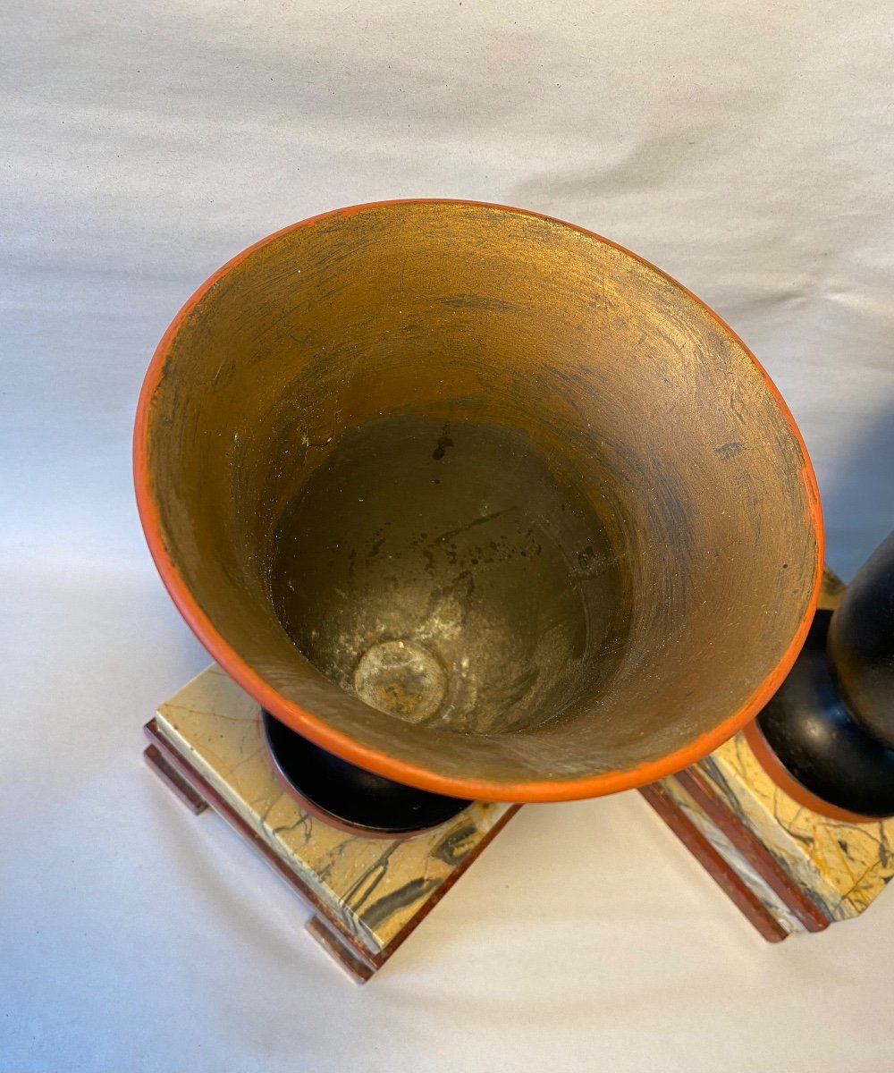 Pair Of Art Deco Cups. Black Metal Vases And Marble Bases. -photo-2