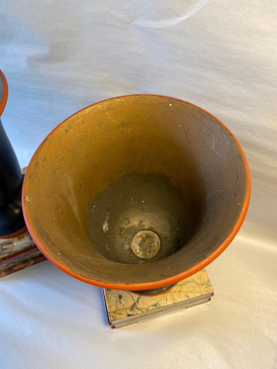 Pair Of Art Deco Cups. Black Metal Vases And Marble Bases. -photo-3