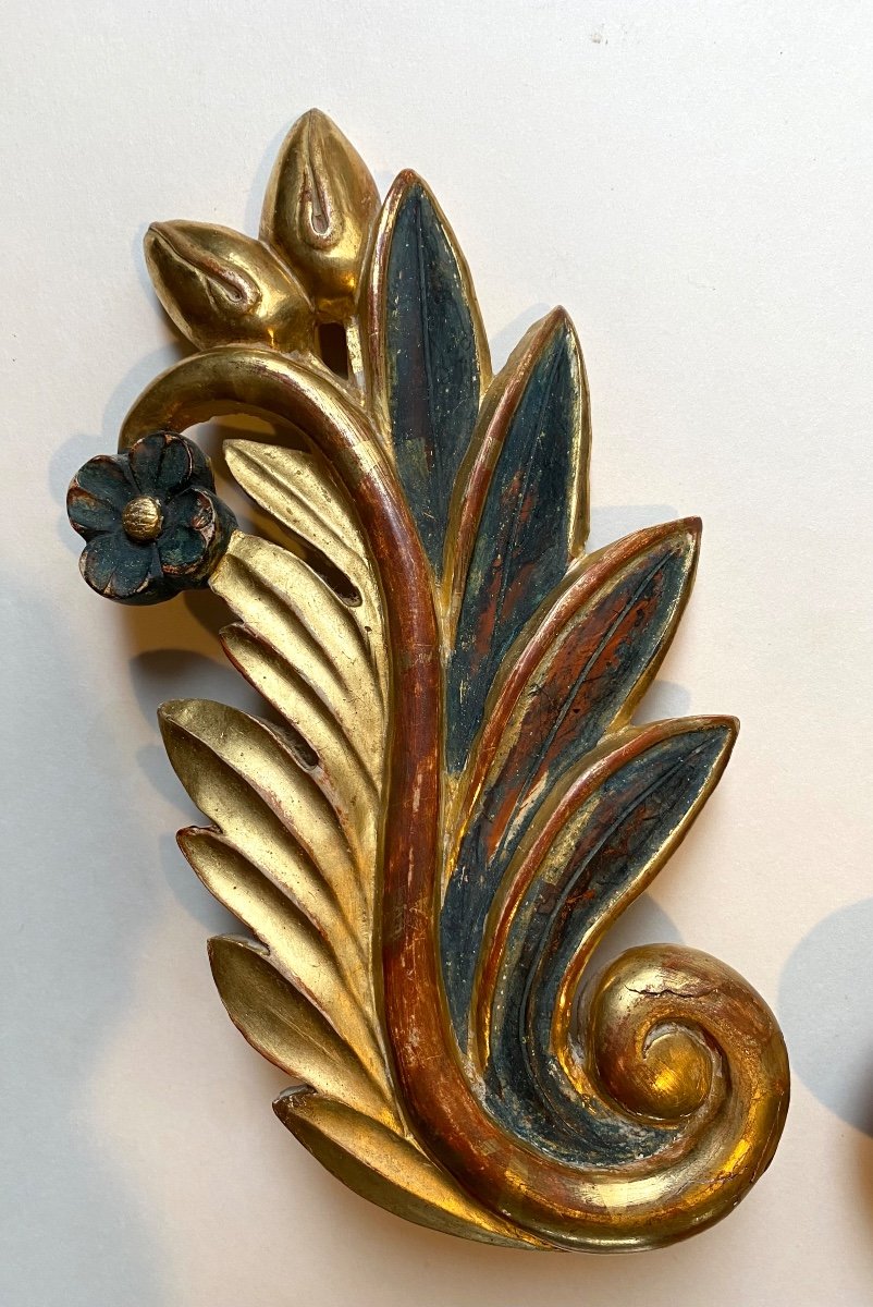 Pair Of Early 19th Century Decorative Elements In Carved, Painted And Gilded Wood. Flowering Branches.-photo-3