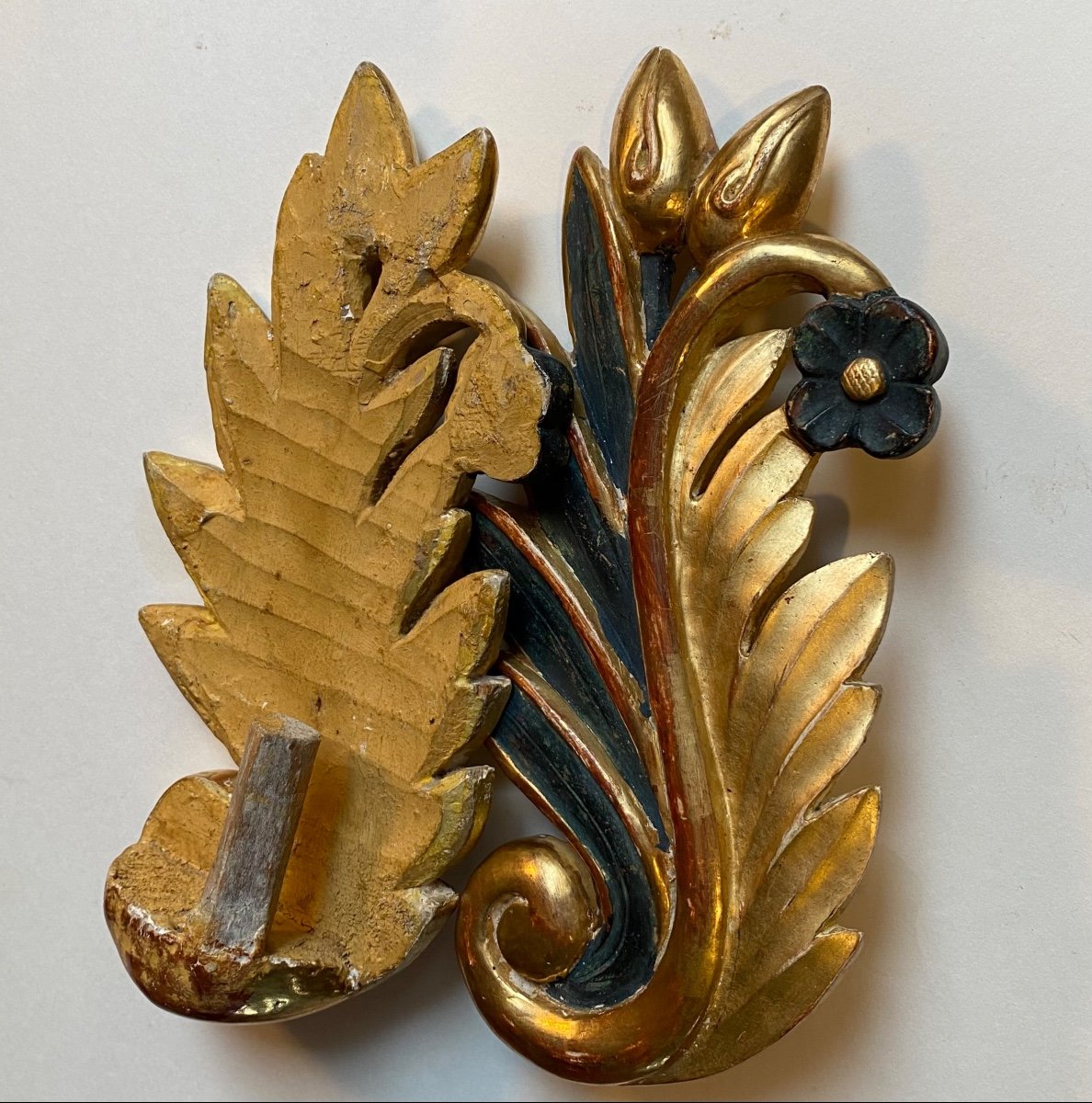 Pair Of Early 19th Century Decorative Elements In Carved, Painted And Gilded Wood. Flowering Branches.-photo-5