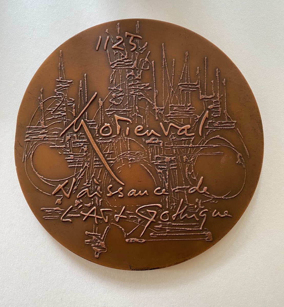 G. Mathieu. Large Enamel Bronze Medal. Lyrical Abstraction. Morienval. Gothic Art. 1971.-photo-2