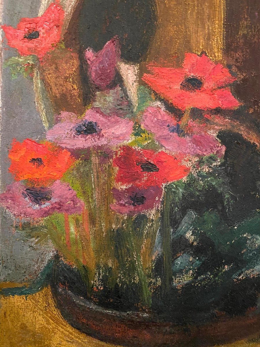 Raymonde Pagegie. “the Anemones”. Painting. Oil On Canvas Mid 20th Century. -photo-3