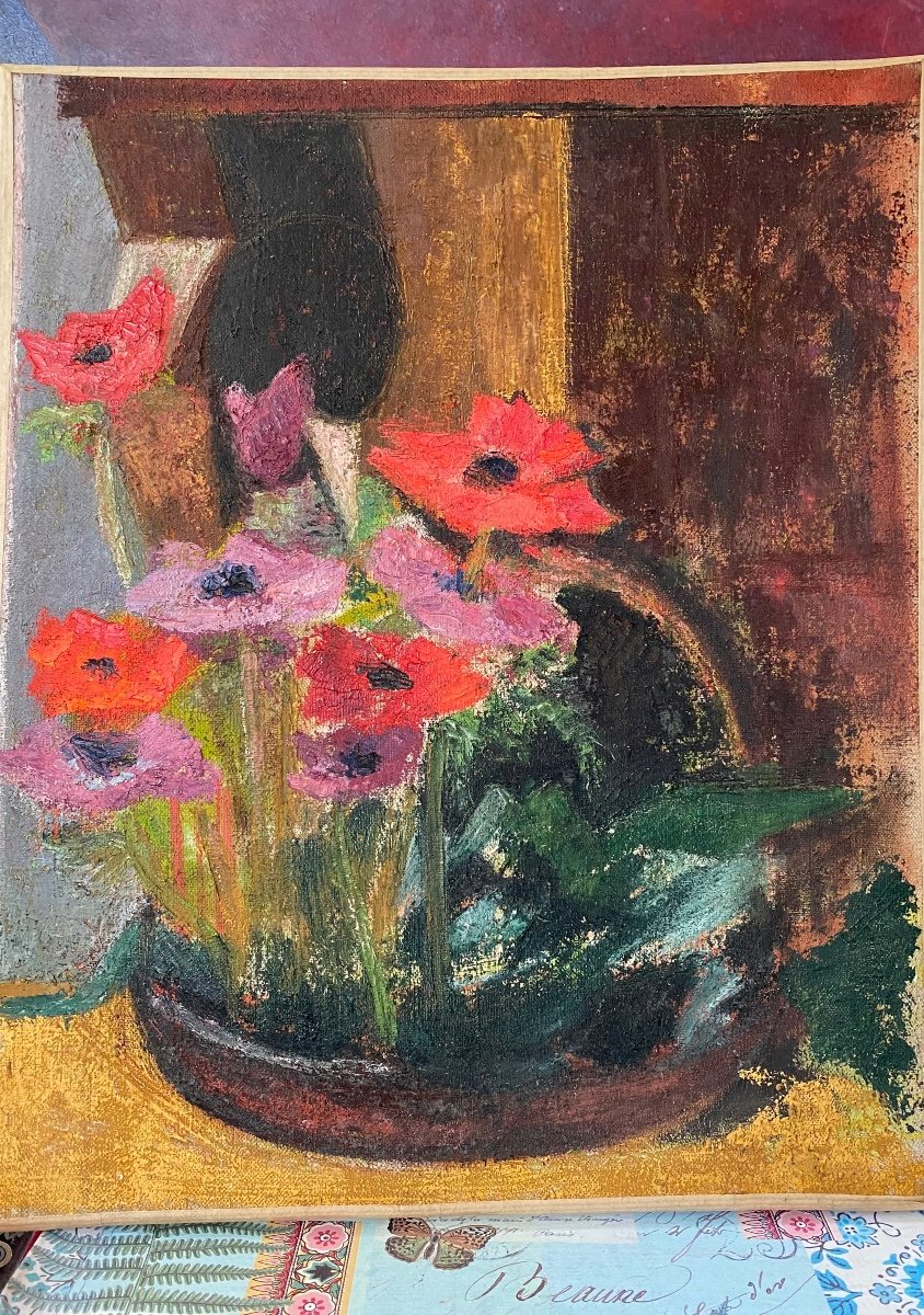 Raymonde Pagegie. “the Anemones”. Painting. Oil On Canvas Mid 20th Century. -photo-2