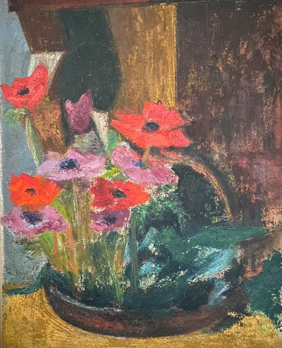 Raymonde Pagegie. “the Anemones”. Painting. Oil On Canvas Mid 20th Century. -photo-2