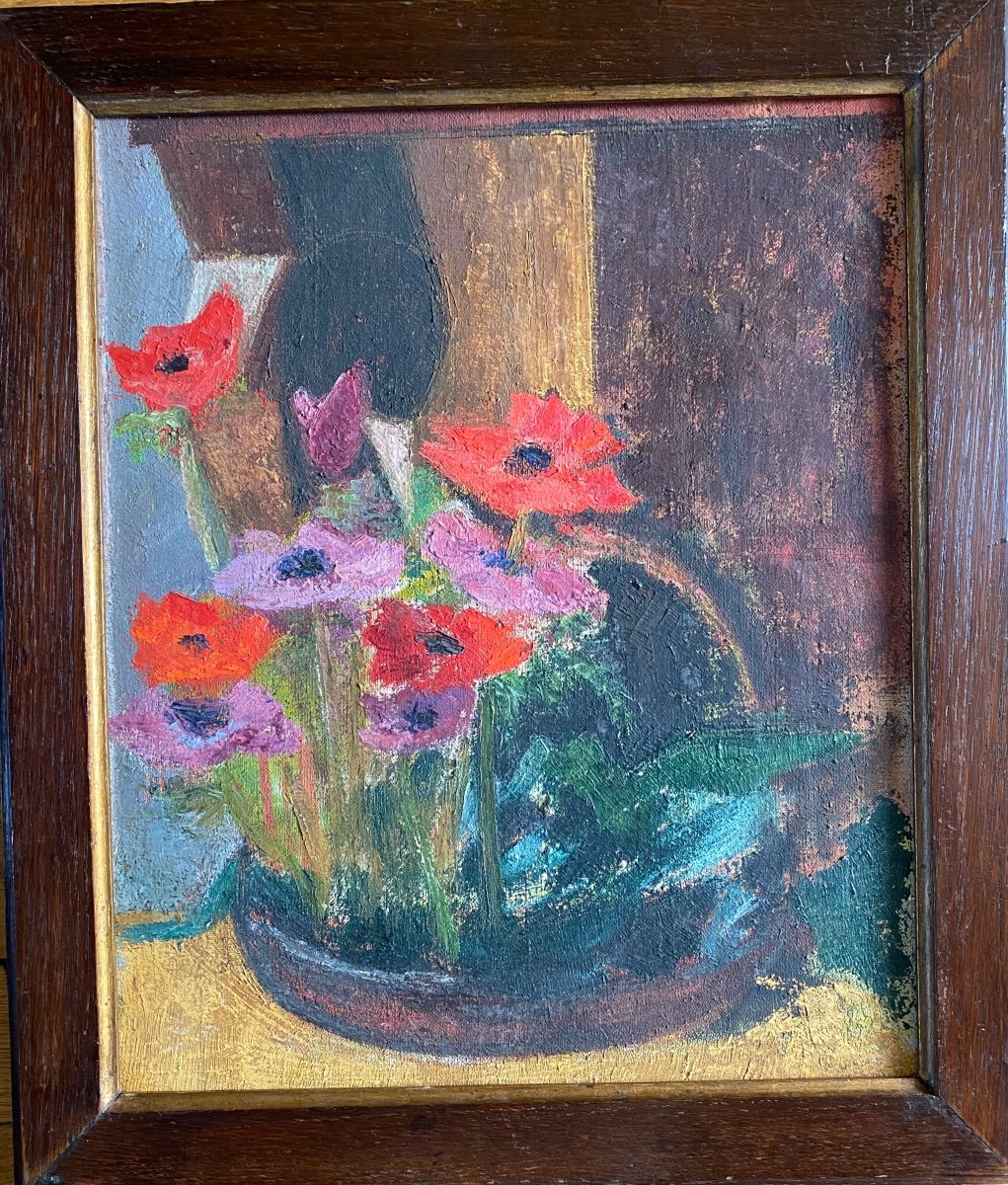 Raymonde Pagegie. “the Anemones”. Painting. Framed Oil On Canvas Mid 20th Century. 