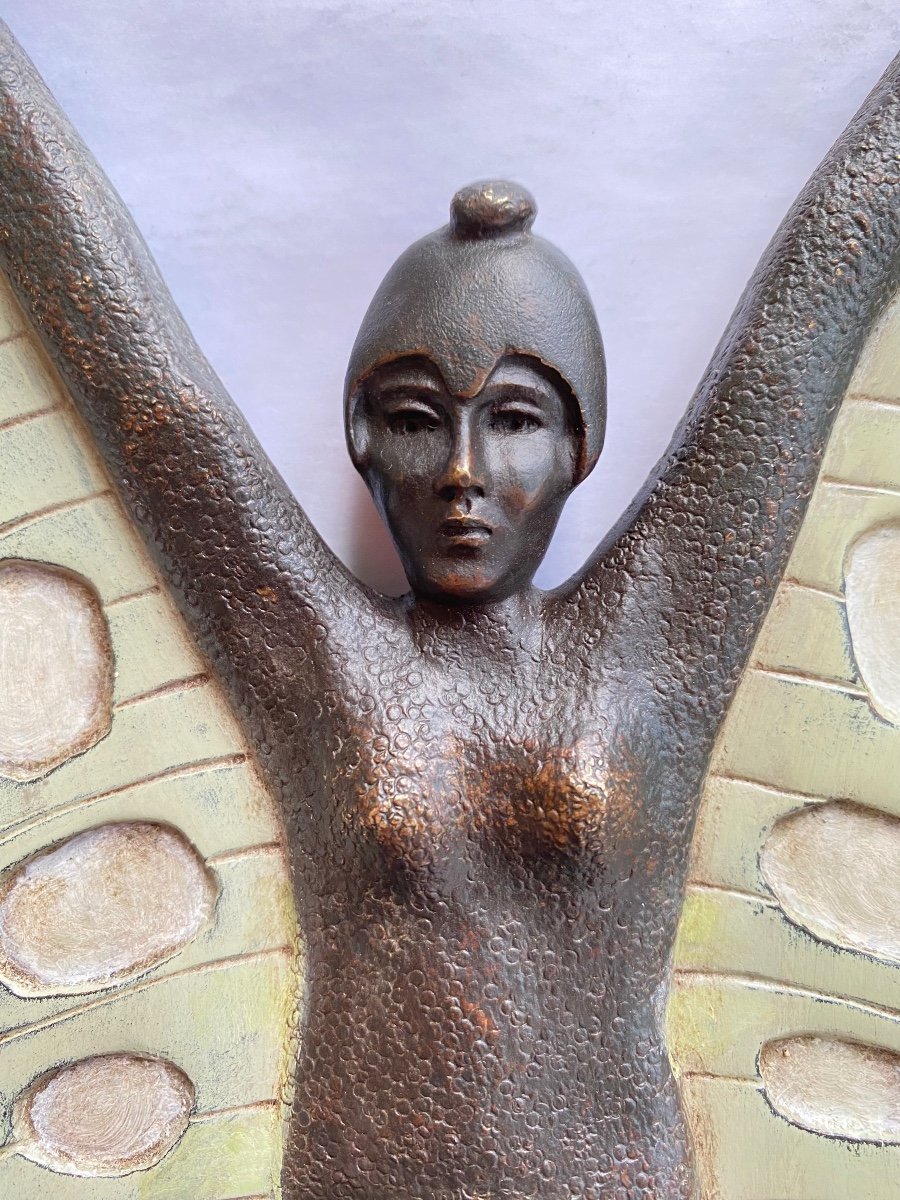 “ Femme Papillon”. Plaque Bas-relief En Bronze Art Déco. France Début XXème.-photo-3