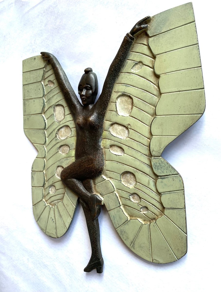 “ Femme Papillon”. Plaque Bas-relief En Bronze Art Déco. France Début XXème.-photo-1