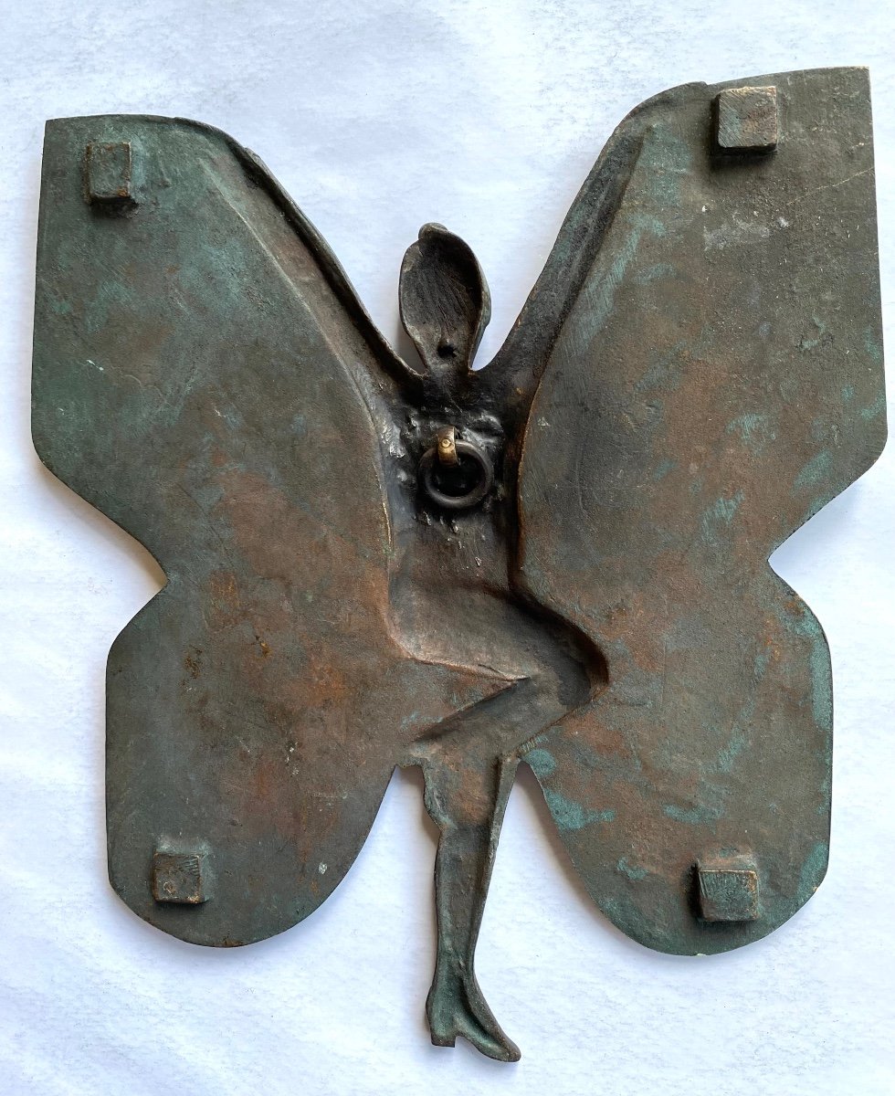 “ Femme Papillon”. Plaque Bas-relief En Bronze Art Déco. France Début XXème.-photo-2
