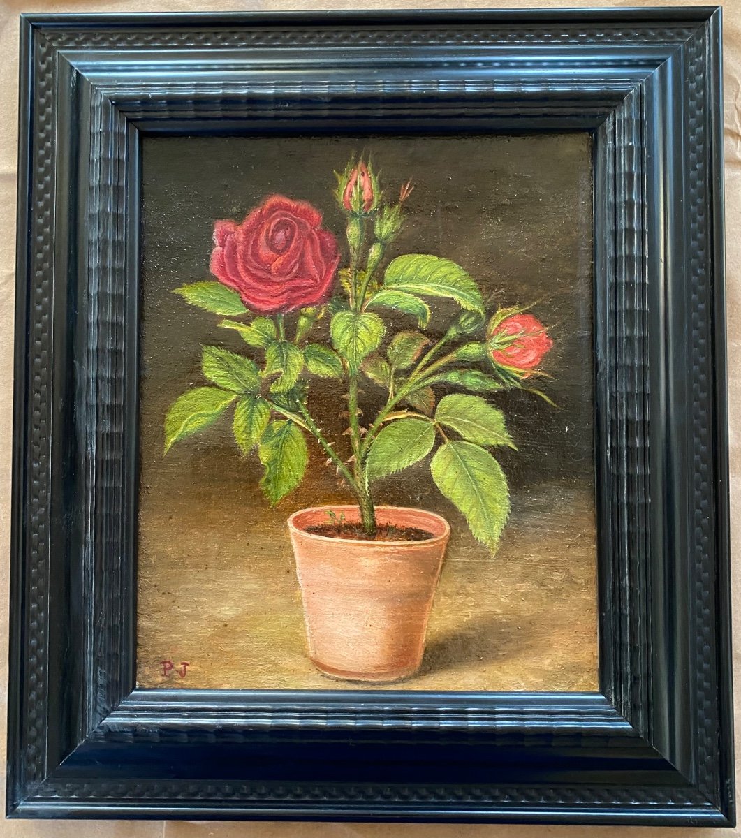 «Le Pot Aux Roses ». Huile Sur Toile  Encadrée XIXème. Signée P. J..