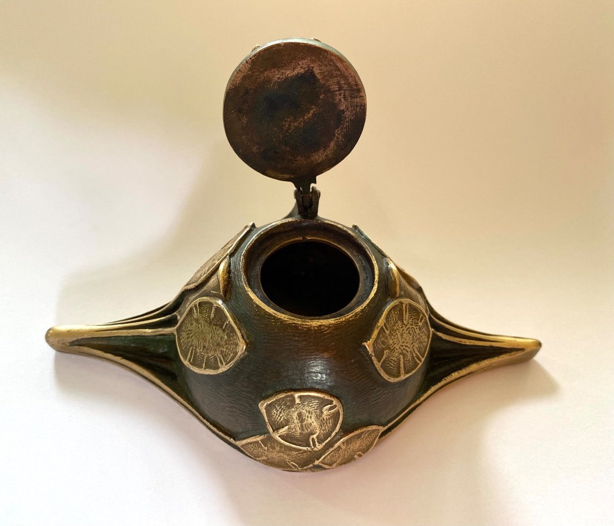 Art Nouveau Bronze Inkwell. Lunaria Fruit Or Honesty Silver Pennies Seeds . France Early 20th .-photo-2