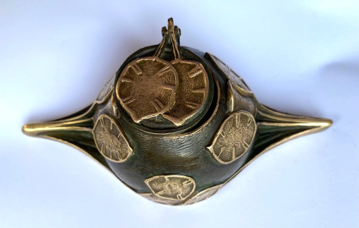 Art Nouveau Bronze Inkwell. Lunaria Fruit Or Honesty Silver Pennies Seeds . France Early 20th .-photo-4