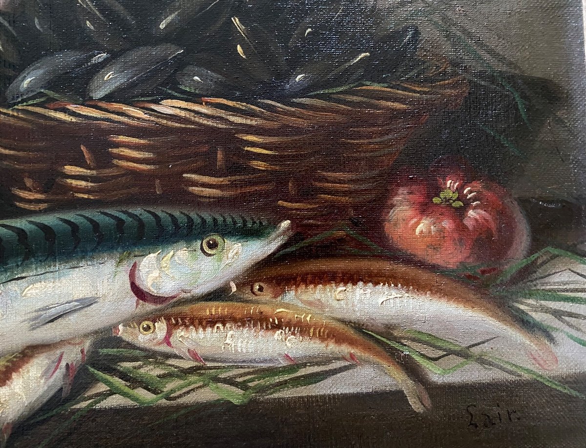 Lair. “. Still Life. Asparagus, Mussels And Fish”.  Framed Oil On Canvas 19th Century. -photo-4