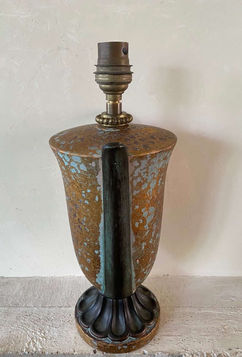 Art Deco Lamp Base. Terracotta With Dinanderie Patina. France 20th Century. -photo-3