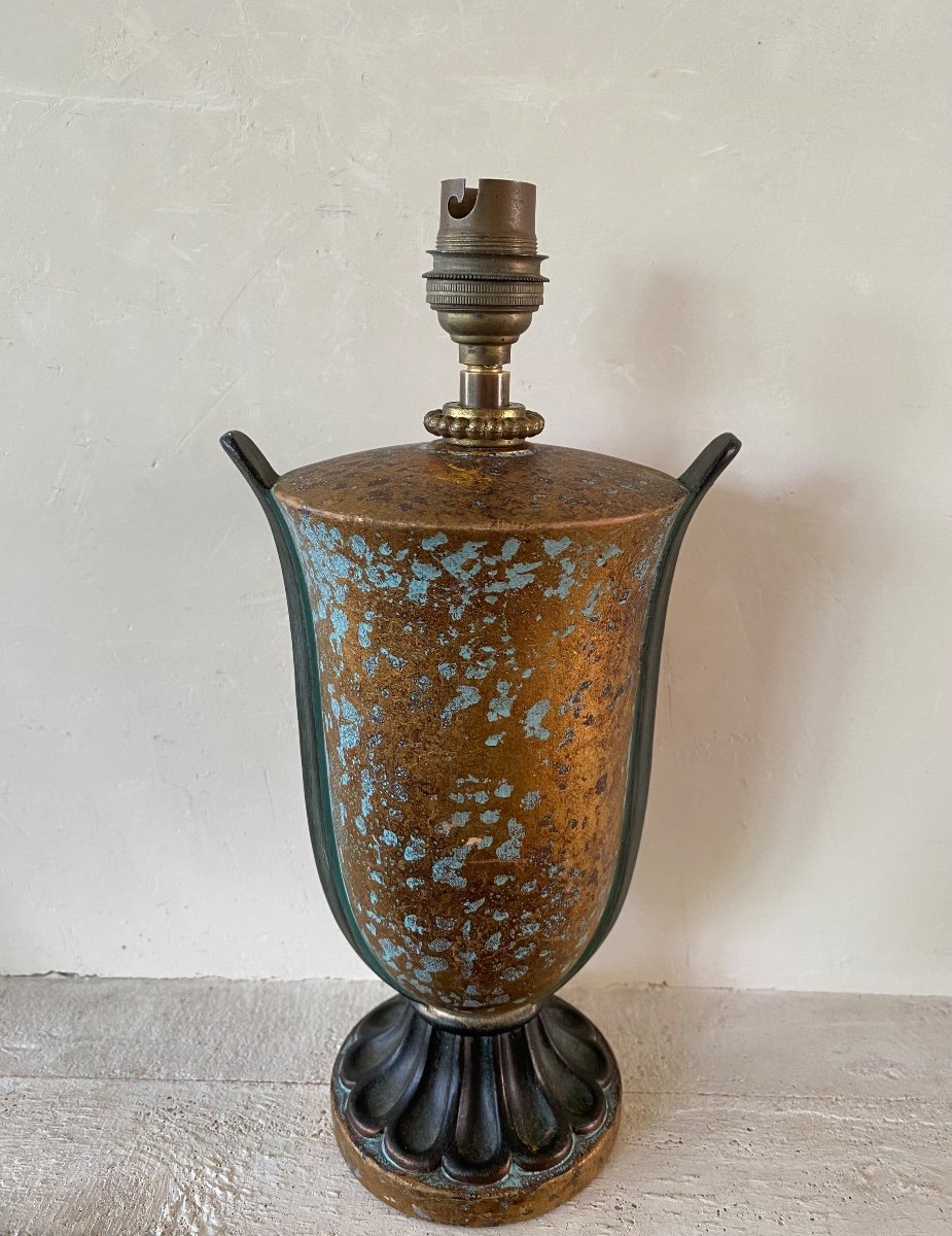 Art Deco Lamp Base. Terracotta With Dinanderie Patina. France 20th Century. -photo-4