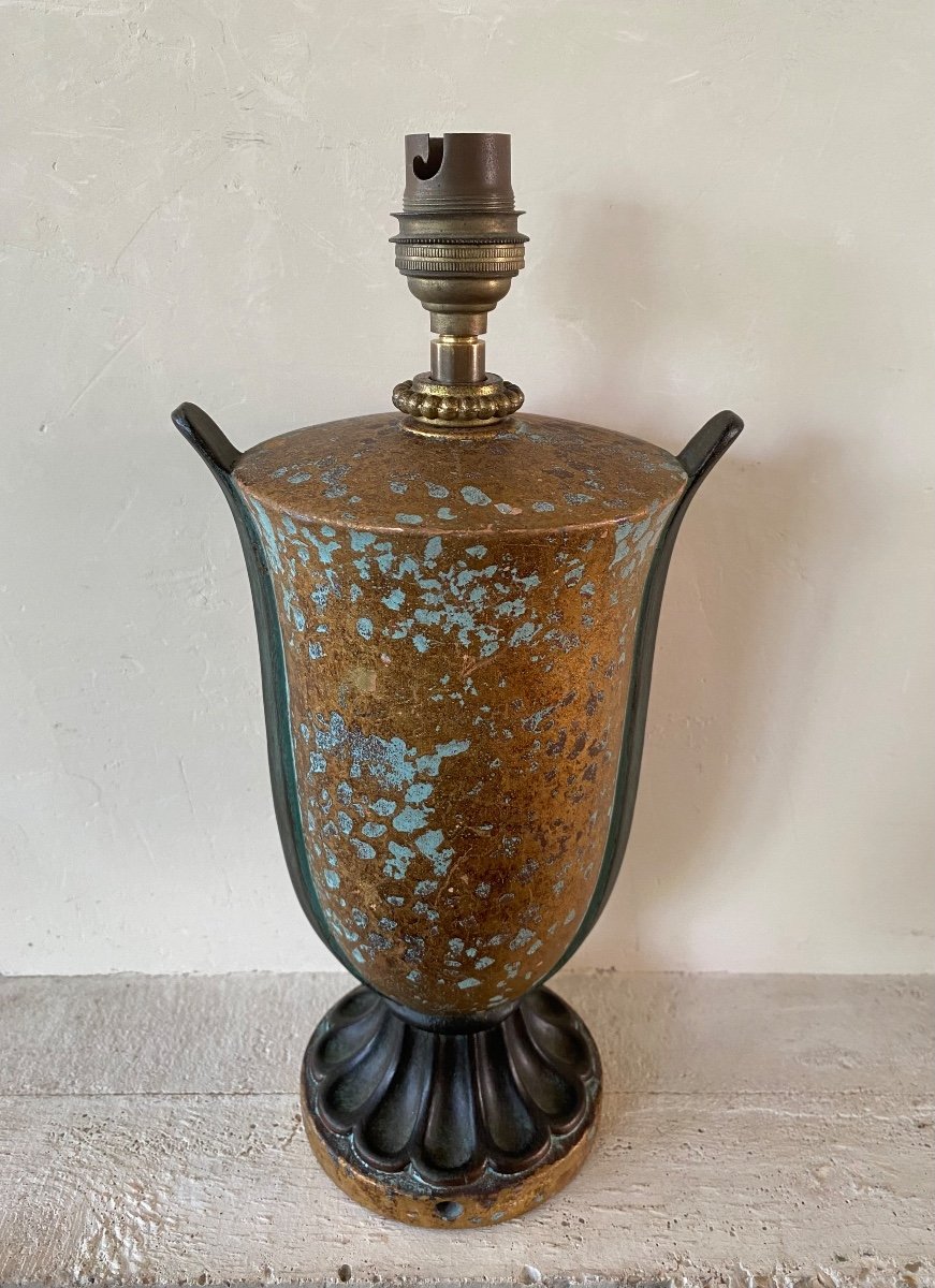 Art Deco Lamp Base. Terracotta With Dinanderie Patina. France 20th Century. 