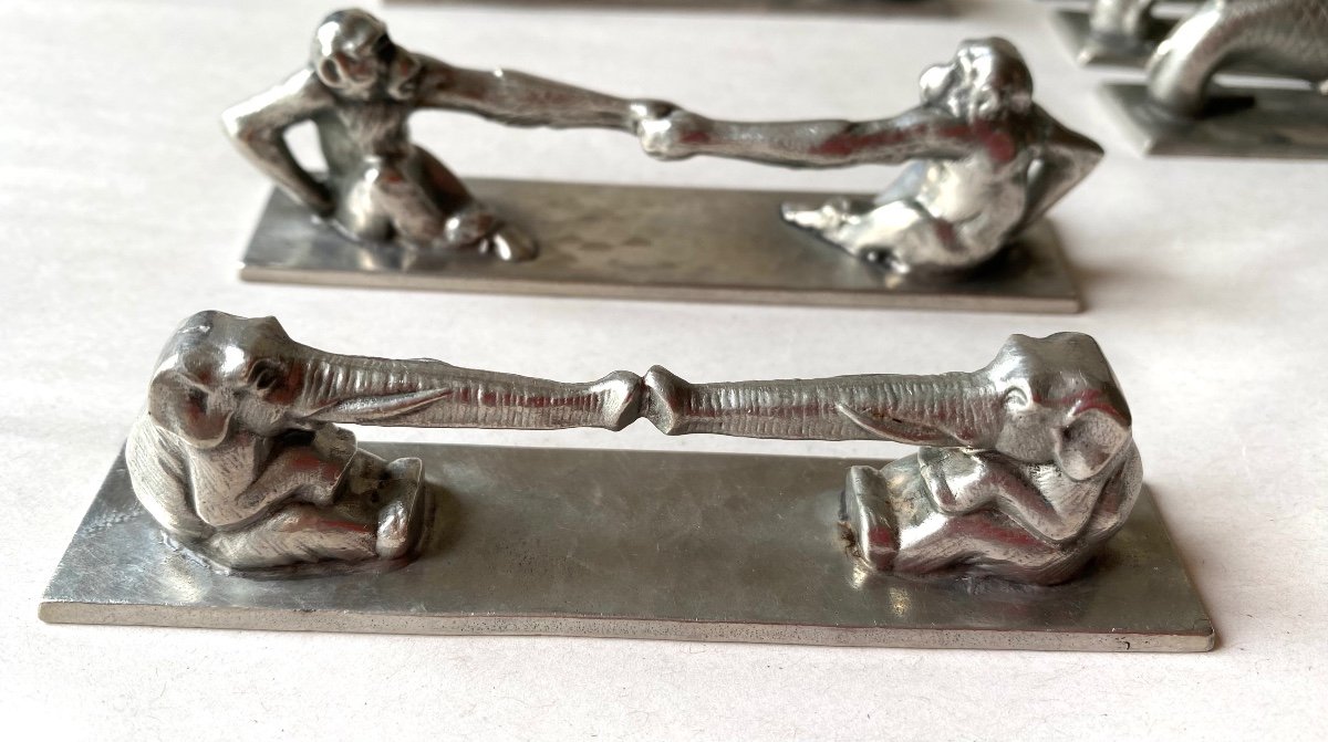 Suite Of Twelve Knife Holders. Animal Decor. Twelve Different Animals. Art Deco Pewter. -photo-2