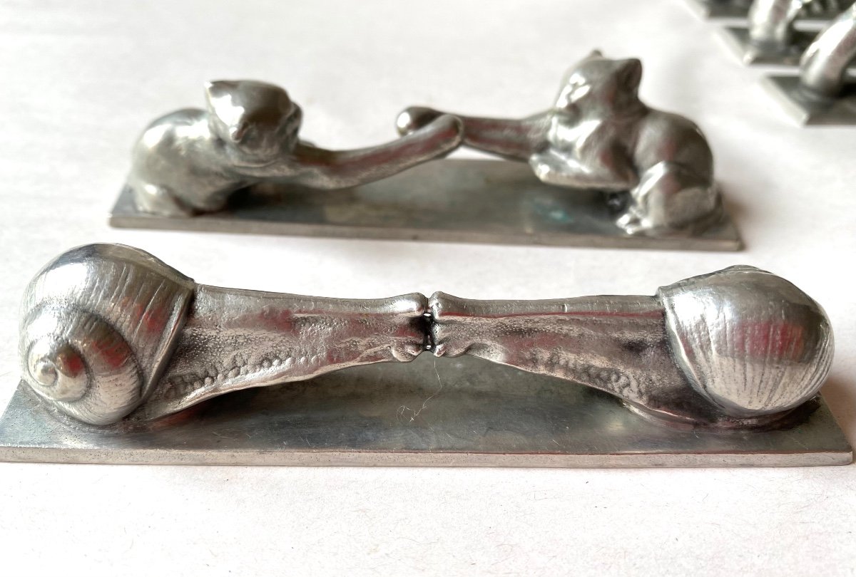 Suite Of Twelve Knife Holders. Animal Decor. Twelve Different Animals. Art Deco Pewter. -photo-3