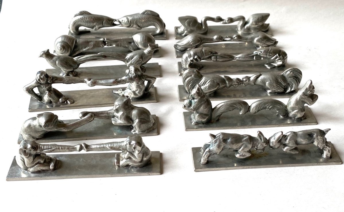 Suite Of Twelve Knife Holders. Animal Decor. Twelve Different Animals. Art Deco Pewter. -photo-6