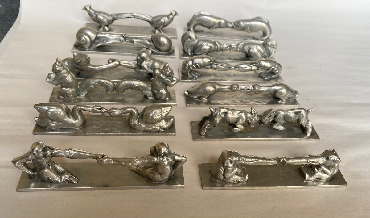 Suite Of Twelve Knife Holders. Animal Decor. Twelve Different Animals. Art Deco Pewter. 