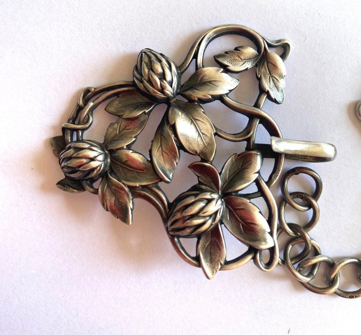 Art Nouveau Cape Buckle In Silver. Red Clover Leaves And Flowers Decor. -photo-3